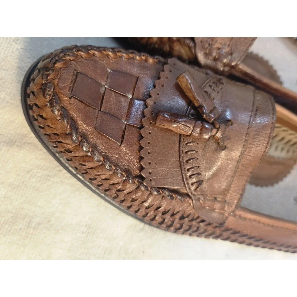 Vintage 80s 90s Stacy Adams Mens 10M Woven Leather Loafers Tan Brazil Deadstock